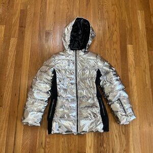 Pilguni girls coat size 146 or 12 Silver And Black Hooded Full Zip Jacket Puffer